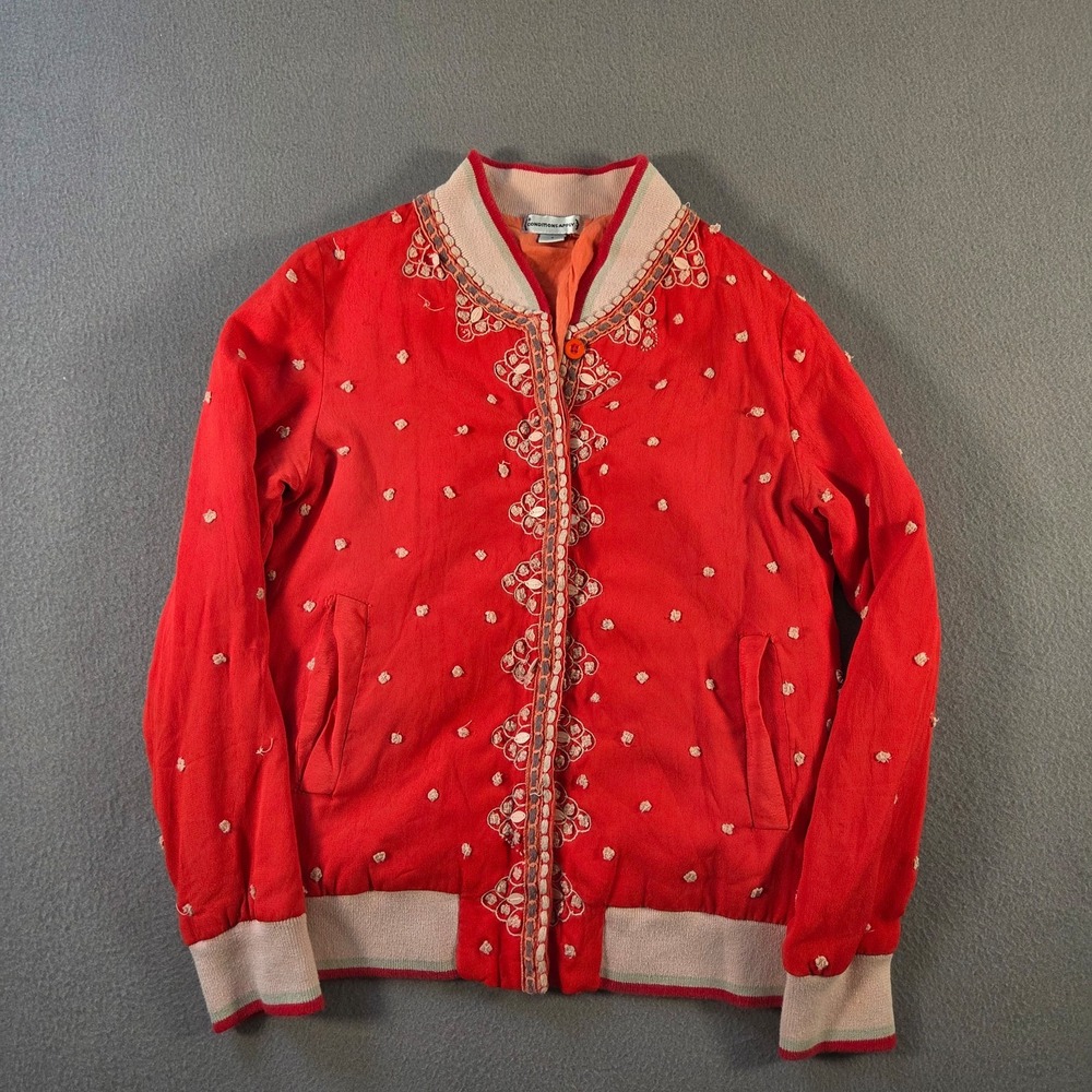 Conditions Apply Jacket Womens Small Red Viscose Bomber Bobble Anthropologie